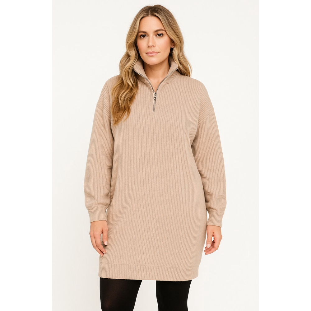 Women’s ZESICA Long Sleeve Quarter Zip Sweater Dress – Khaki – Size L – NWT